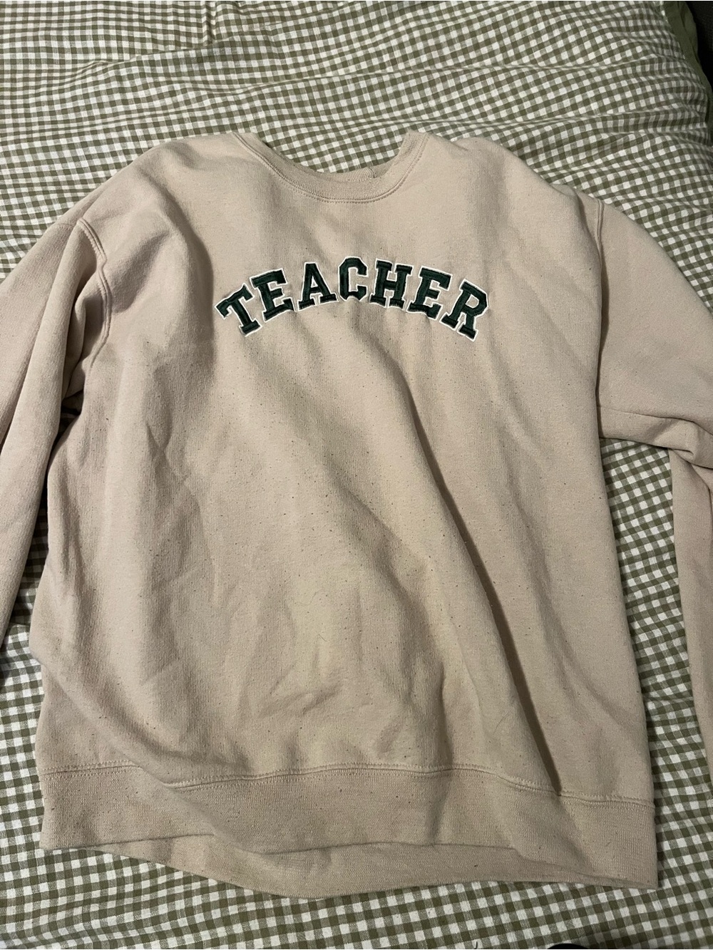 Jerzees Cream Crewneck Sweatshirt with Dark Green Applique